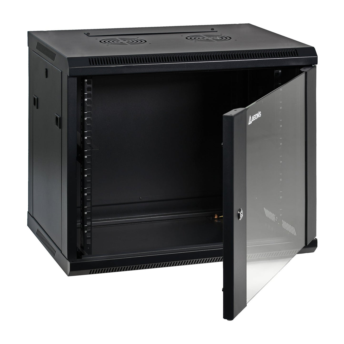 Aeons SC Series 9U Wall-Mount Rack Cabinet, Switch-Depth, Glass Door, Assembled