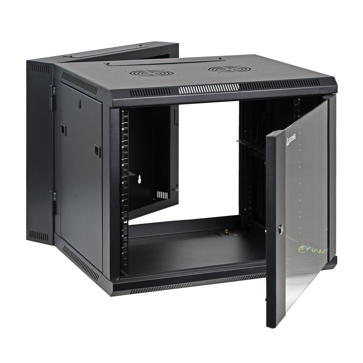 Aeons SB Series 9U Wall-Mount Network Cabinet, Hinged Swing-Out, Mid-Depth, Glass Door