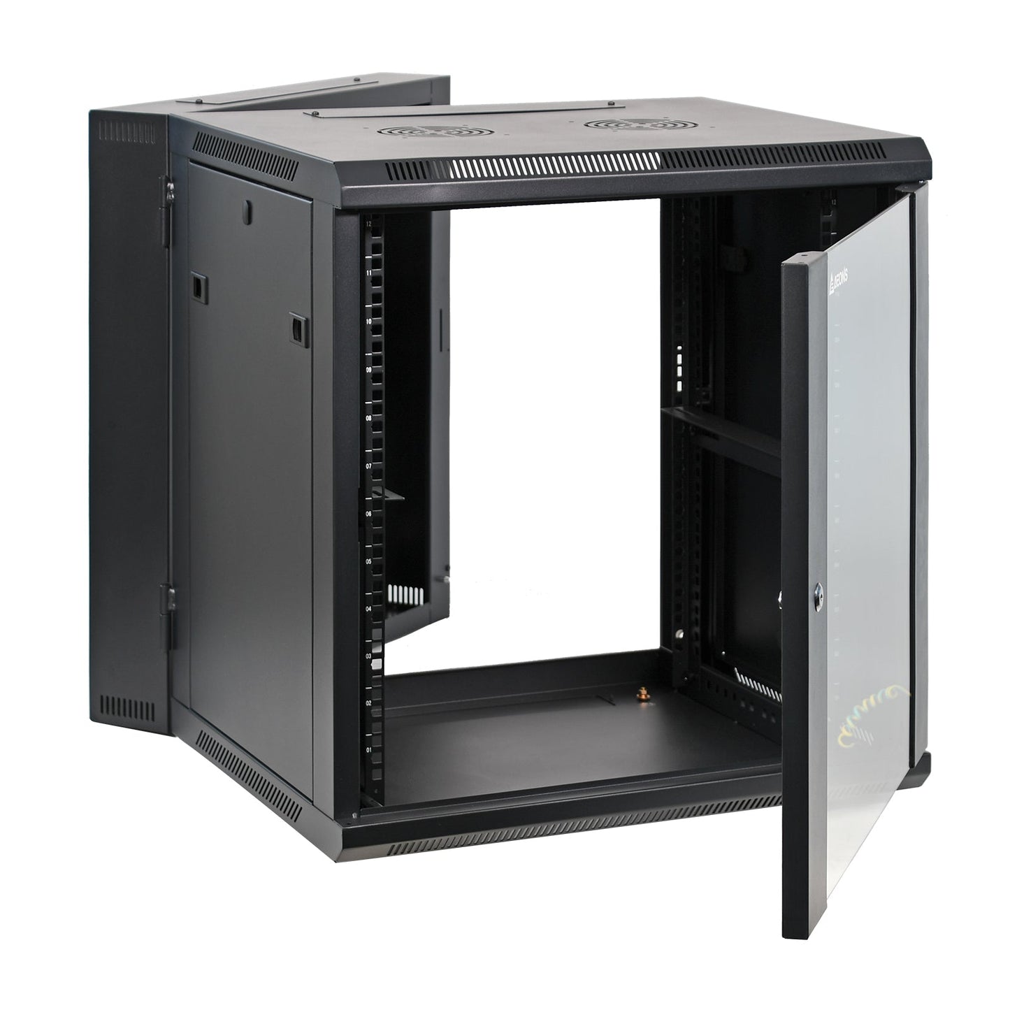 Aeons SB Series 12U Wall-Mount Network Cabinet, Hinged Swing-Out, Mid-Depth, Glass Door