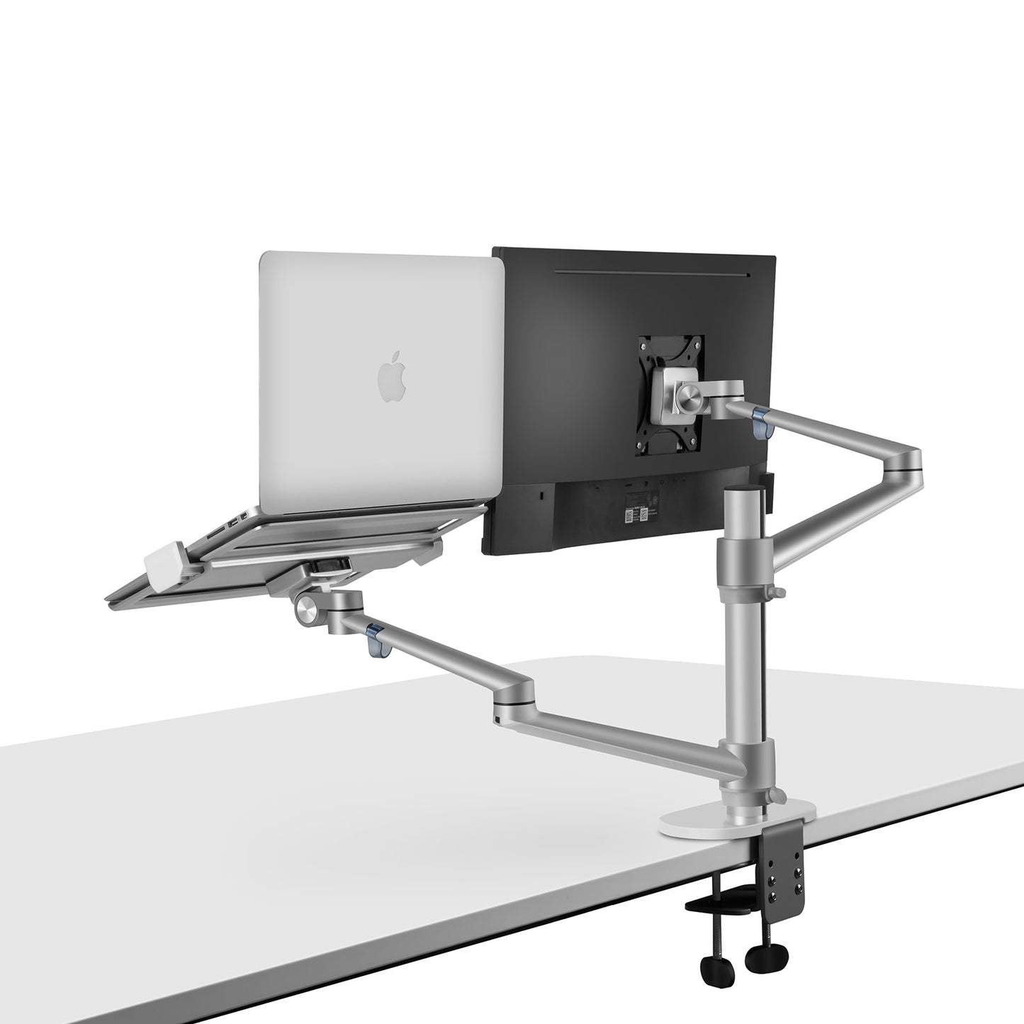 Aeons Monitor and Laptop Tray Desk Mount, 2-in-1 Adjustable Dual Arm fits 27 inch Screen with VESA, Clamp and Cable Management, Silver