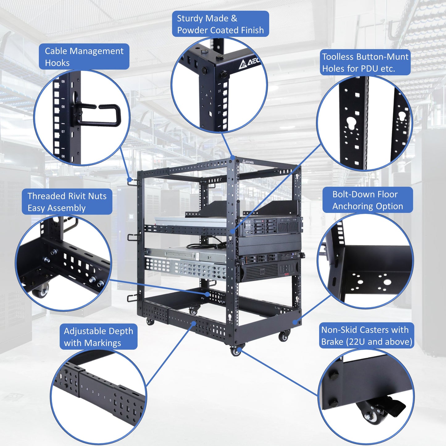 Aeons SR Series 15U 4-Post Open Frame Rack, Adjustable Depth