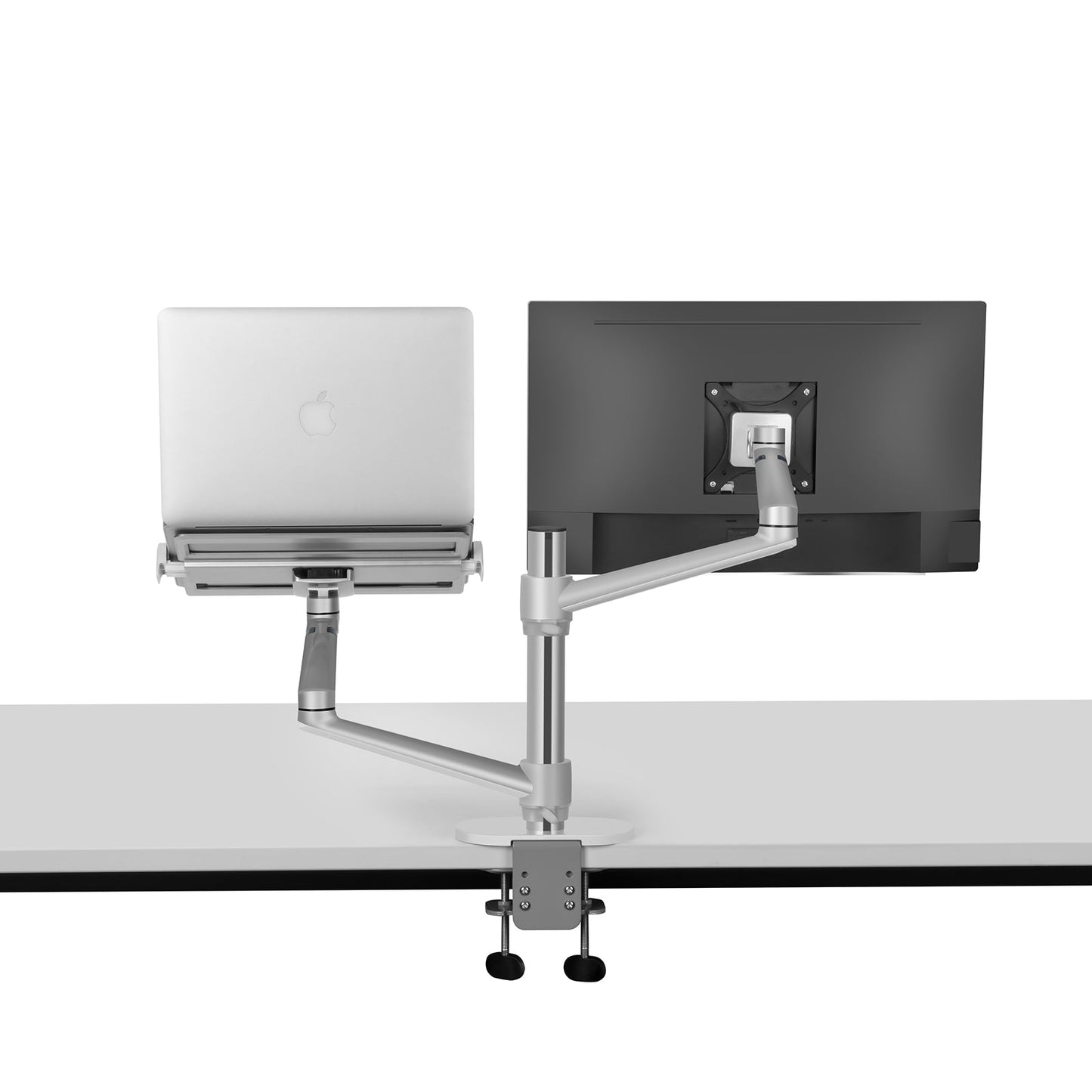 Aeons Monitor and Laptop Tray Desk Mount, 2-in-1 Adjustable Dual Arm fits 27 inch Screen with VESA, Clamp and Cable Management, Silver