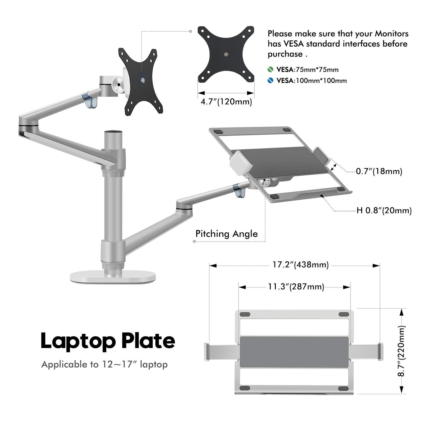 Aeons Monitor and Laptop Tray Desk Mount, 2-in-1 Adjustable Dual Arm fits 27 inch Screen with VESA, Clamp and Cable Management, Silver