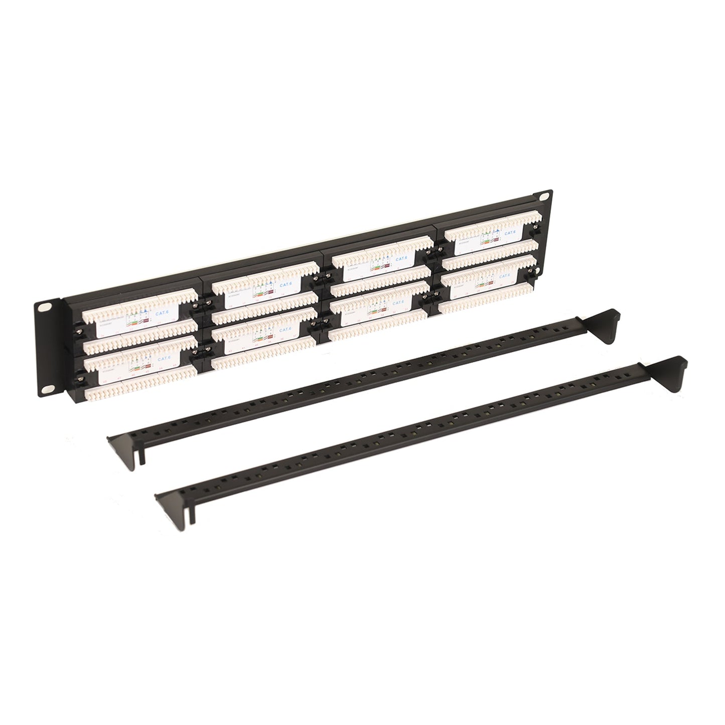 Aeons 48-Port CAT6 UTP Patch Panel, 2U 19-inch Rack Mount Keystone RJ45 Cat 5/5e/6 Gigabit/Fast Ethernet, Cable Management Bar, Black