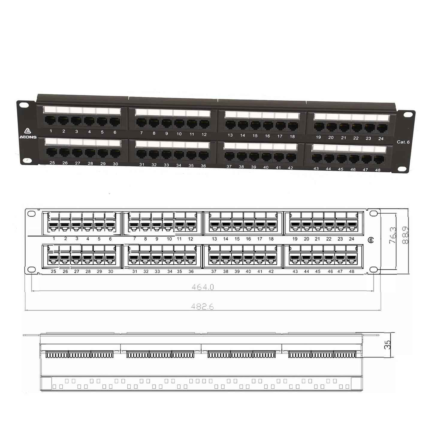 Aeons 48-Port CAT6 UTP Patch Panel, 2U 19-inch Rack Mount Keystone RJ45 Cat 5/5e/6 Gigabit/Fast Ethernet, Cable Management Bar, Black