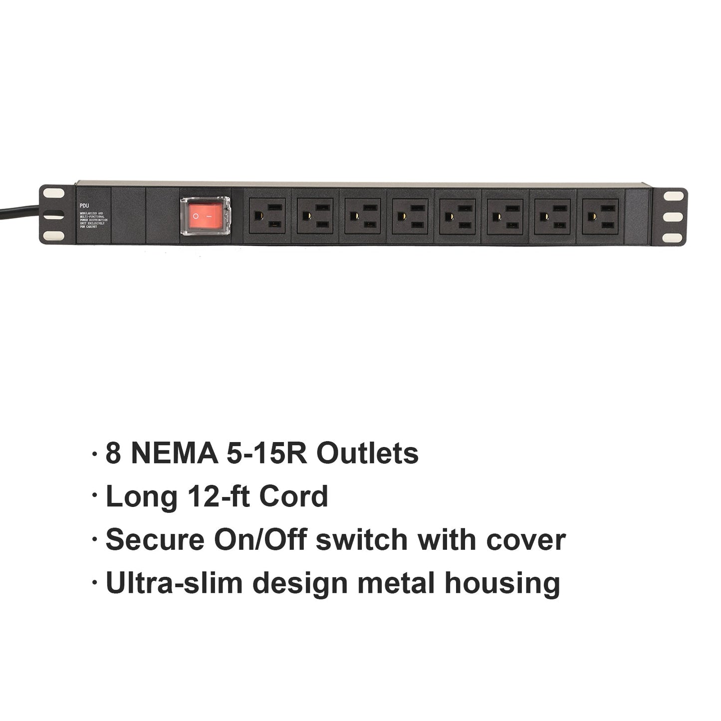Aeons 1U Rack Mount PDU Power Strip, 8 Outlets, 15A, 12 ft. Cord, Metal Slim Design
