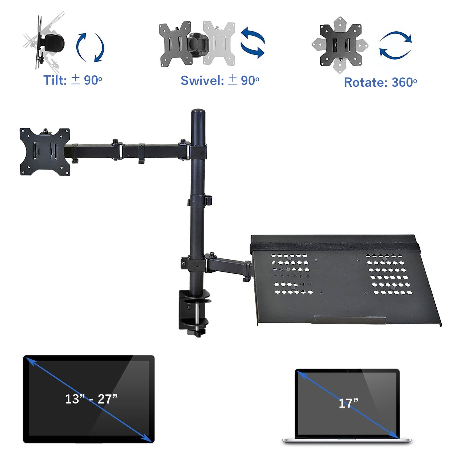 Aeons Monitor and Laptop Tray Desk Mount, 2-in-1 Adjustable Dual Arm fits 27 inch Screen with VESA, Clamp and Cable Management, Black
