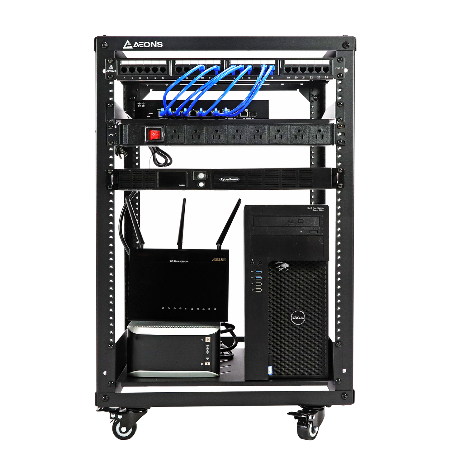 Aeons SRC Series 15U 4-Post Wall-Mount Open Frame Rack, Side Mount, Floor-Standing, Rack Shelves