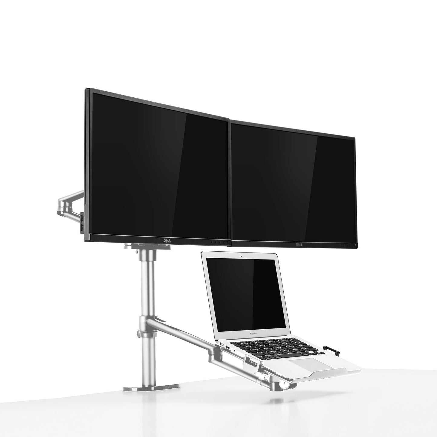 Aeons Dual Monitor and Laptop Tray Desk Mount, 3-in-1 Adjustable Triple Arm fits 27 inch Screen with VESA, Clamp and Cable Management, Silver