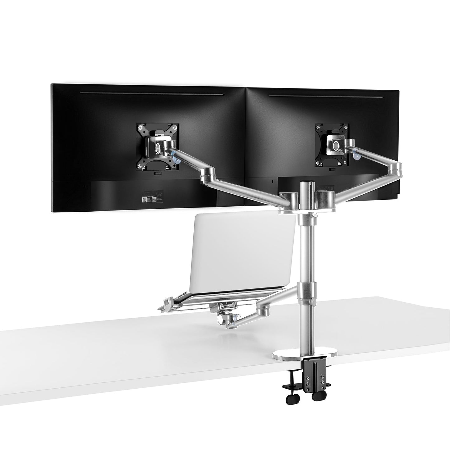 Aeons Dual Monitor and Laptop Tray Desk Mount, 3-in-1 Adjustable Triple Arm fits 27 inch Screen with VESA, Clamp and Cable Management, Silver