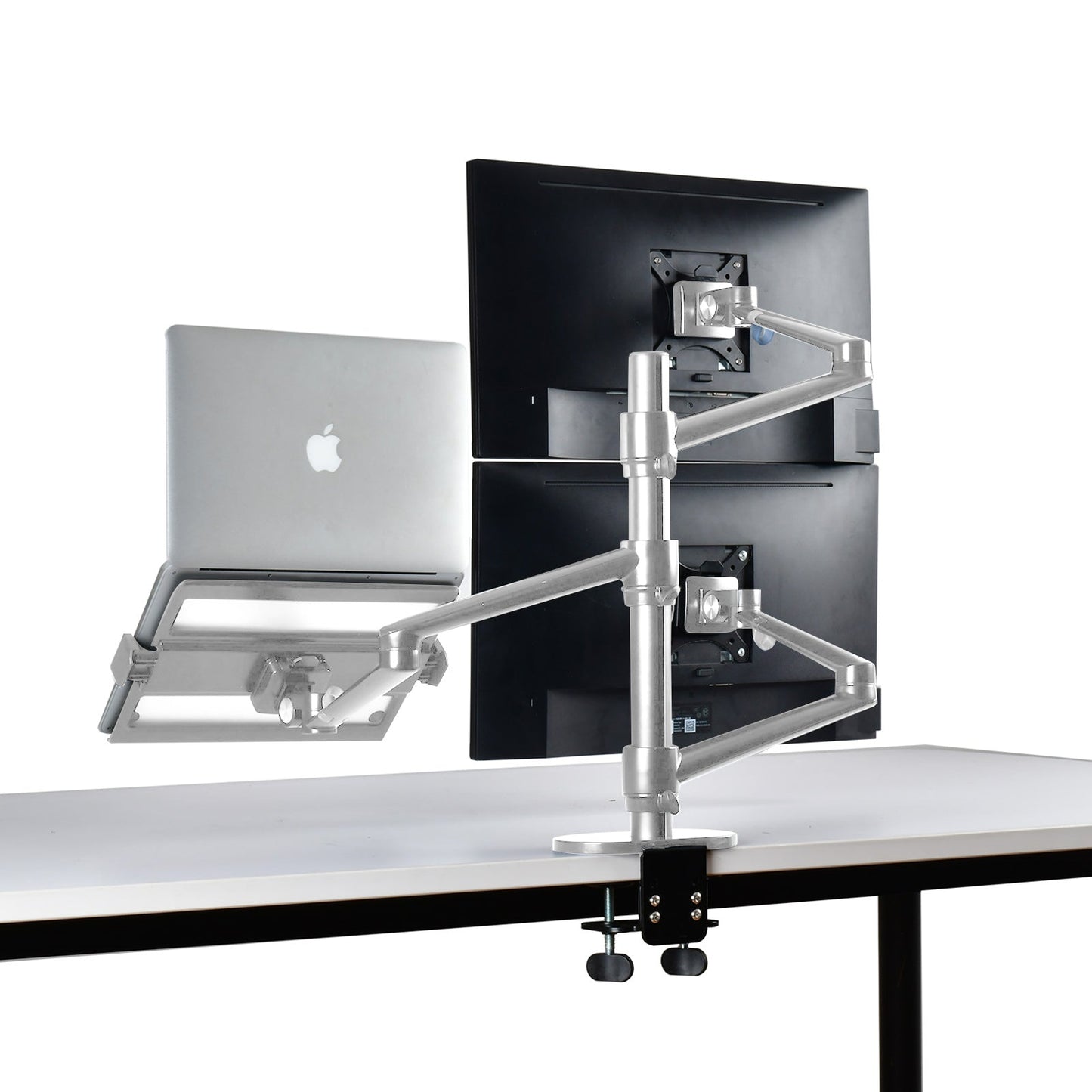 Aeons Dual Monitor and Laptop Tray Desk Mount, 3-in-1 Adjustable Triple Arm fits 27 inch Screen with VESA, Clamp and Cable Management, Silver