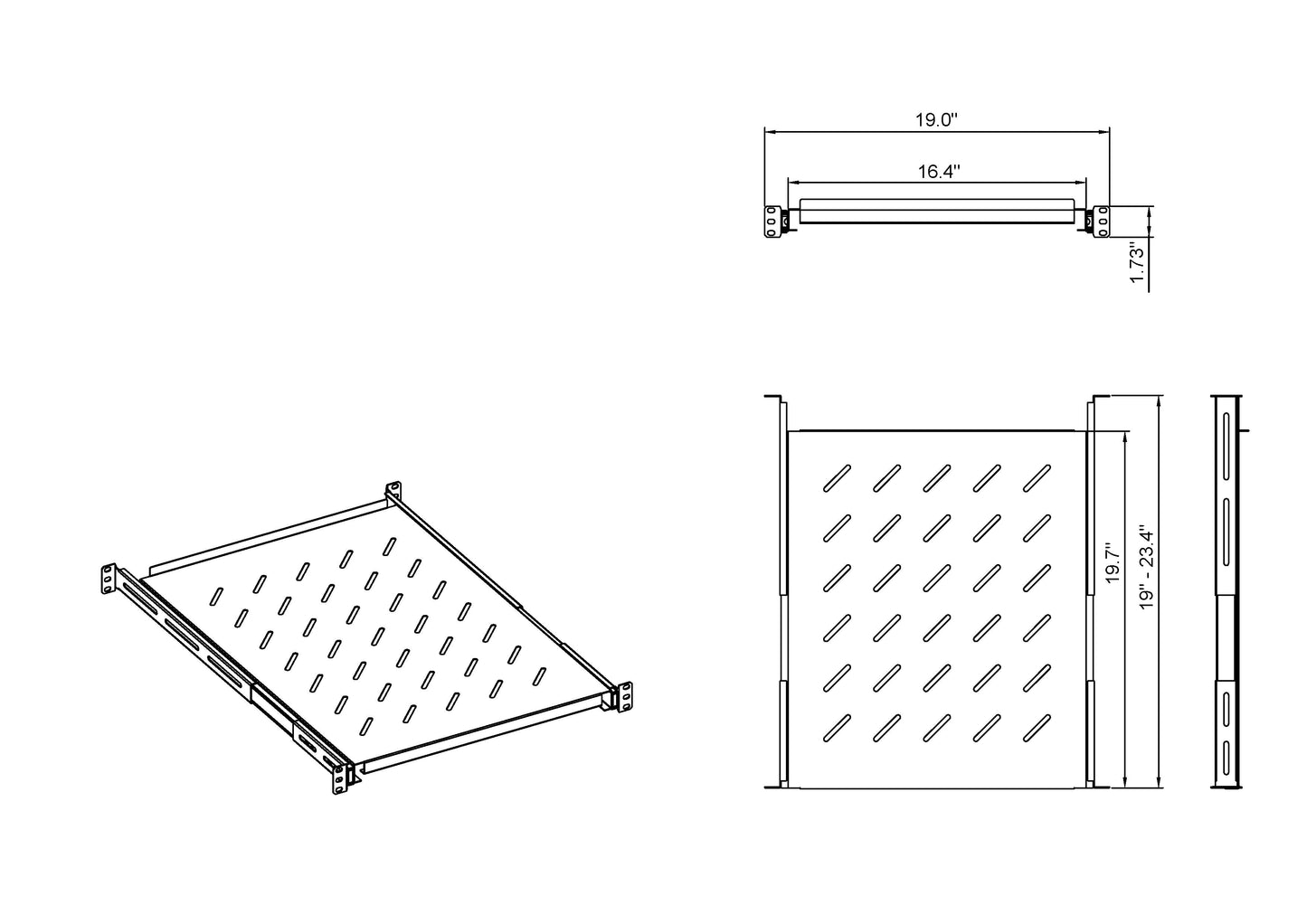 Aeons Universal 1U Rack Mount Vented 4-Post Sliding Shelf, Adjustable Mounting, 20-inch Depth