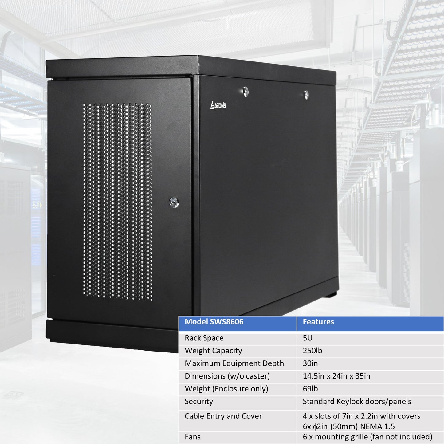 Aeons SWS Series 6U Wall-Mount Rack Cabinet, Server-Depth, Vertical/Side Mount, Assembled