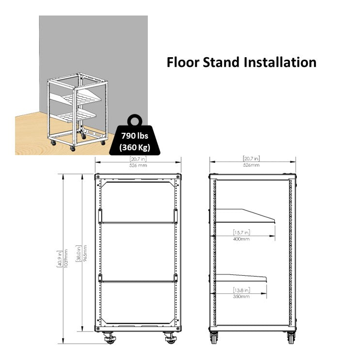 Aeons SRC Series 20U 4-Post Wall-Mount Open Frame Rack, Side Mount, Floor-Standing, Rack Shelves