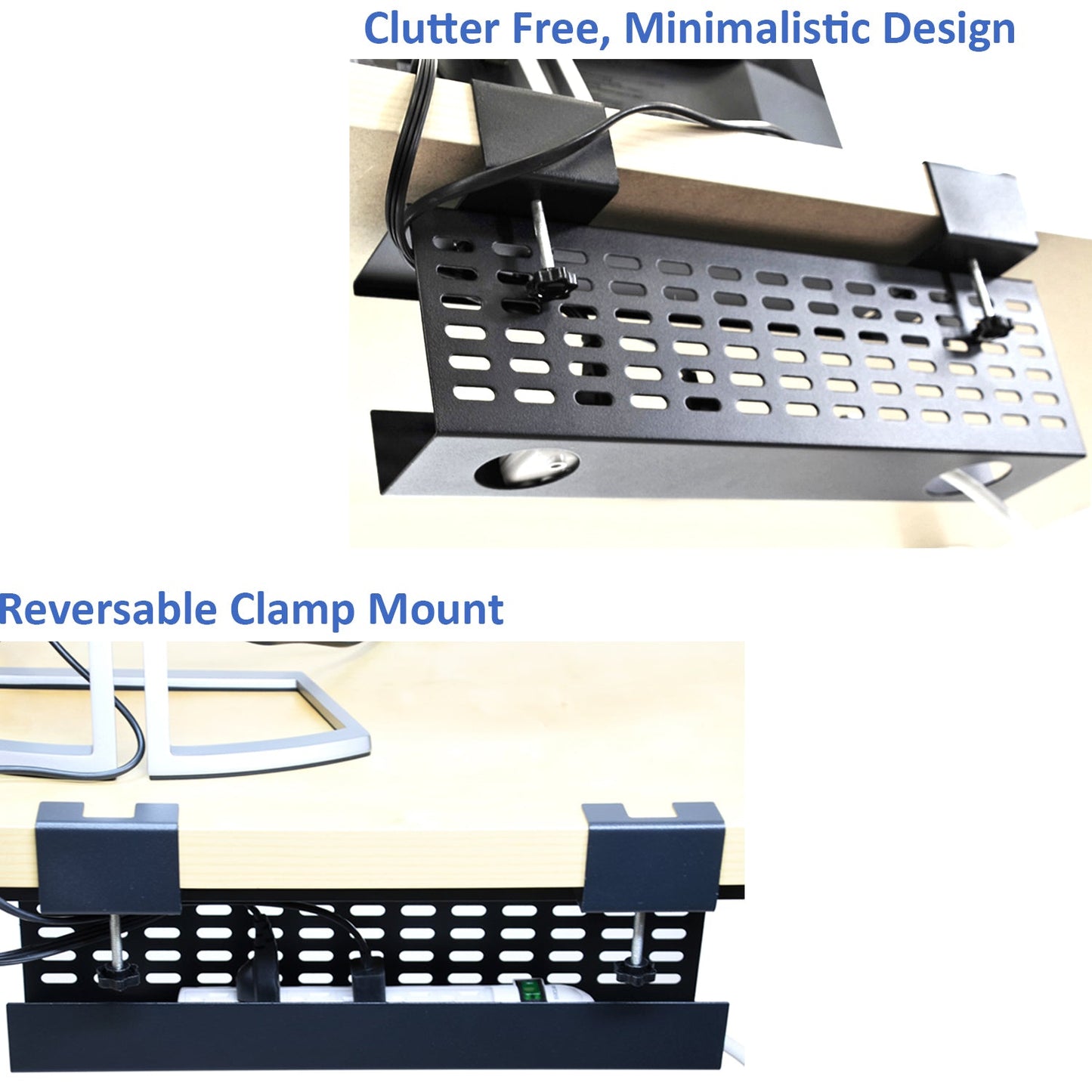 Aeons Workspace Under Desk Cable Management Tray Wire Cord Organizer, C Clamp Mount and Modesty Panel, 16-inch, Black