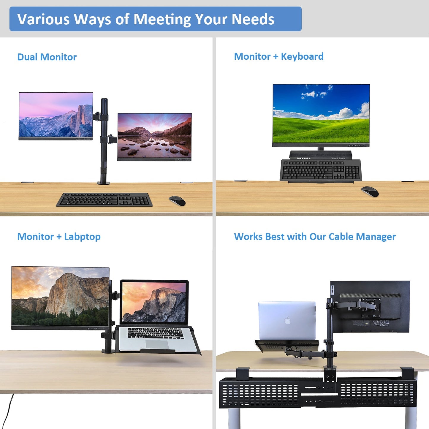 Aeons Monitor and Laptop Tray Desk Mount, 2-in-1 Adjustable Dual Arm fits 27 inch Screen with VESA, Clamp and Cable Management, Black