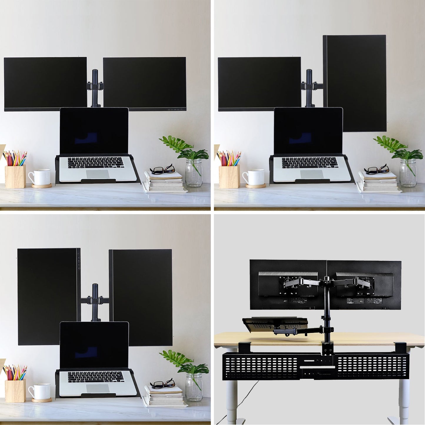Aeons Dual Monitor and Laptop Tray Desk Mount, 3-in-1 Adjustable Triple Arm fits 27 inch Screen with VESA, Clamp and Cable Management, Black