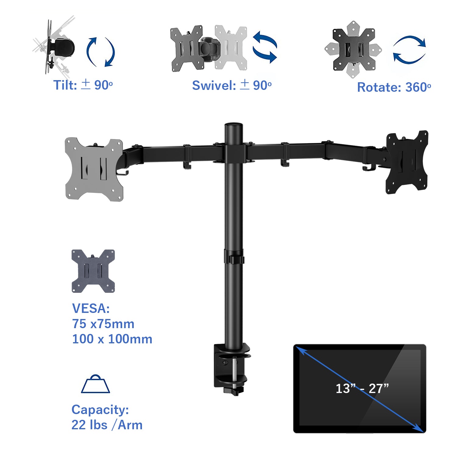 Aeons Dual Monitor Desk Mount, Adjustable Dual Arm fits 27 inch Screen with VESA, Clamp and Cable Management, Black