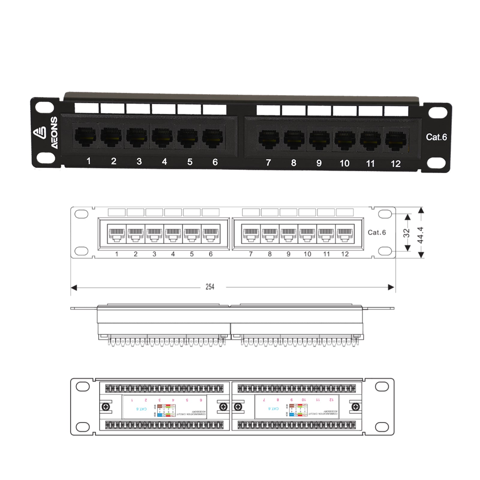 Aeons 12-Port CAT6 UTP Patch Panel, 1U 10-inch Rack Mount Keystone Jacks RJ45 Compatible with Cat 5/5e/6 Gigabit/Fast Ethernet, Black