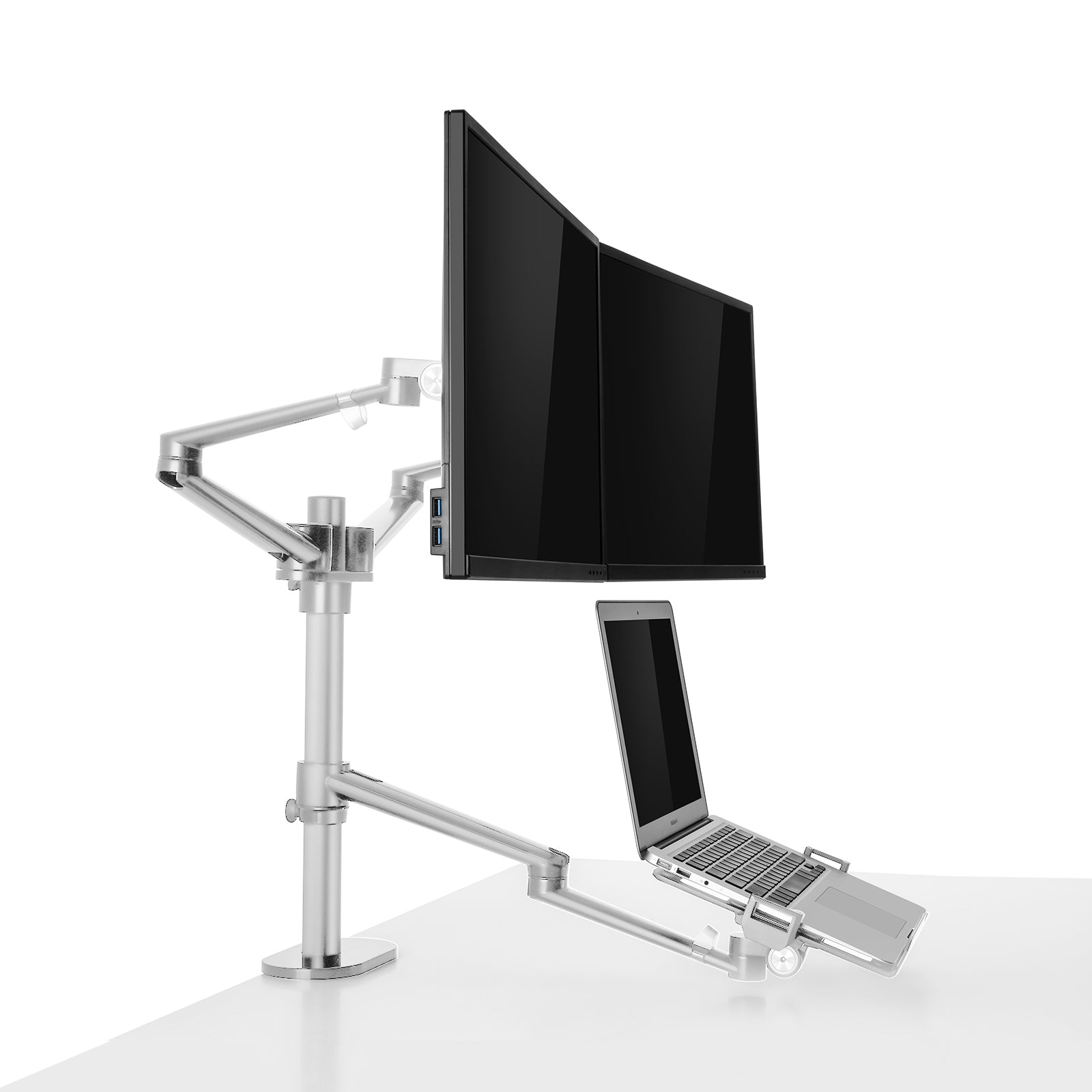 Aeons Dual Monitor and Laptop Tray Desk Mount, 3-in-1 Adjustable Triple Arm fits 27 inch Screen with VESA, Clamp and Cable Management, Silver