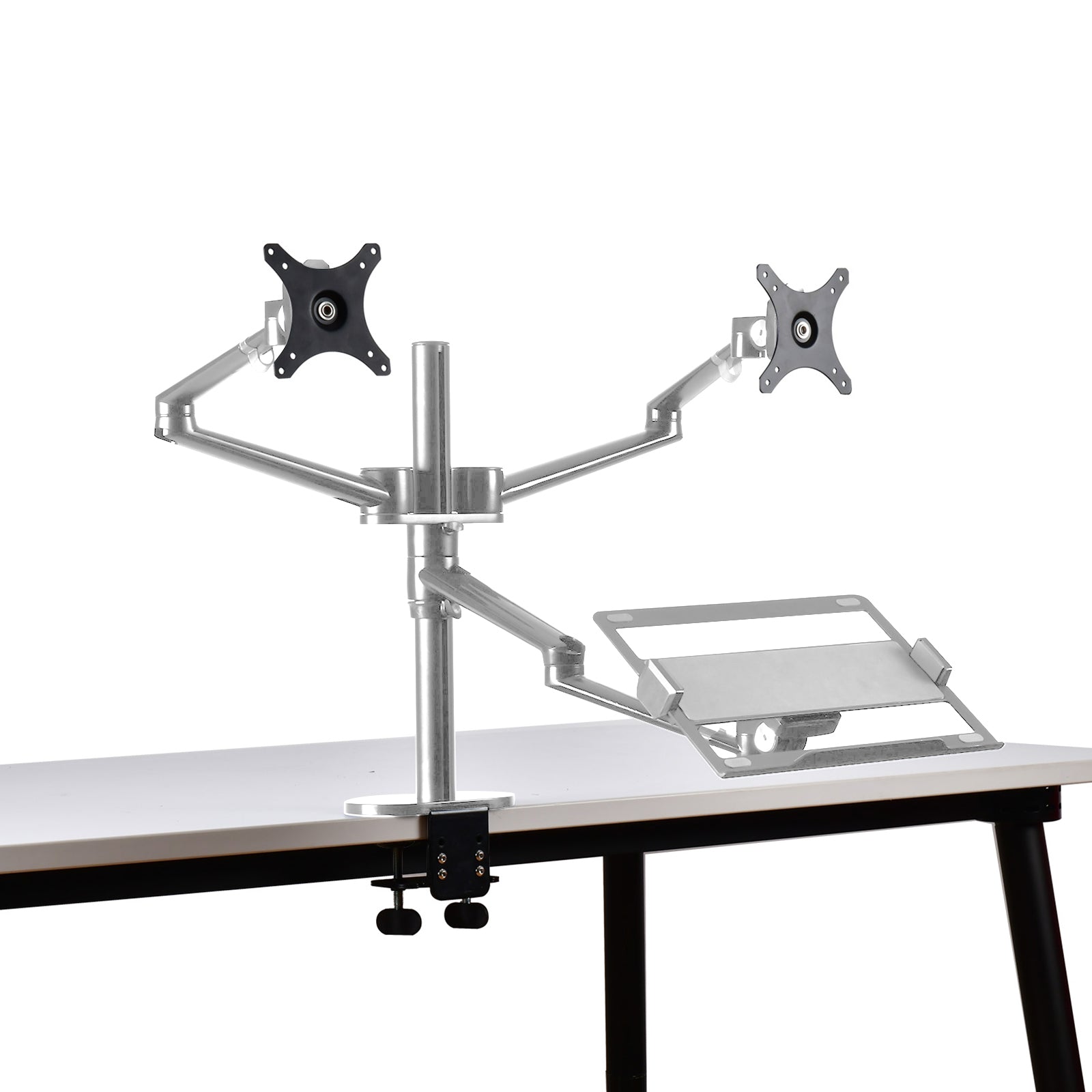 Aeons Dual Monitor and Laptop Tray Desk Mount, 3-in-1 Adjustable Triple Arm fits 27 inch Screen with VESA, Clamp and Cable Management, Silver