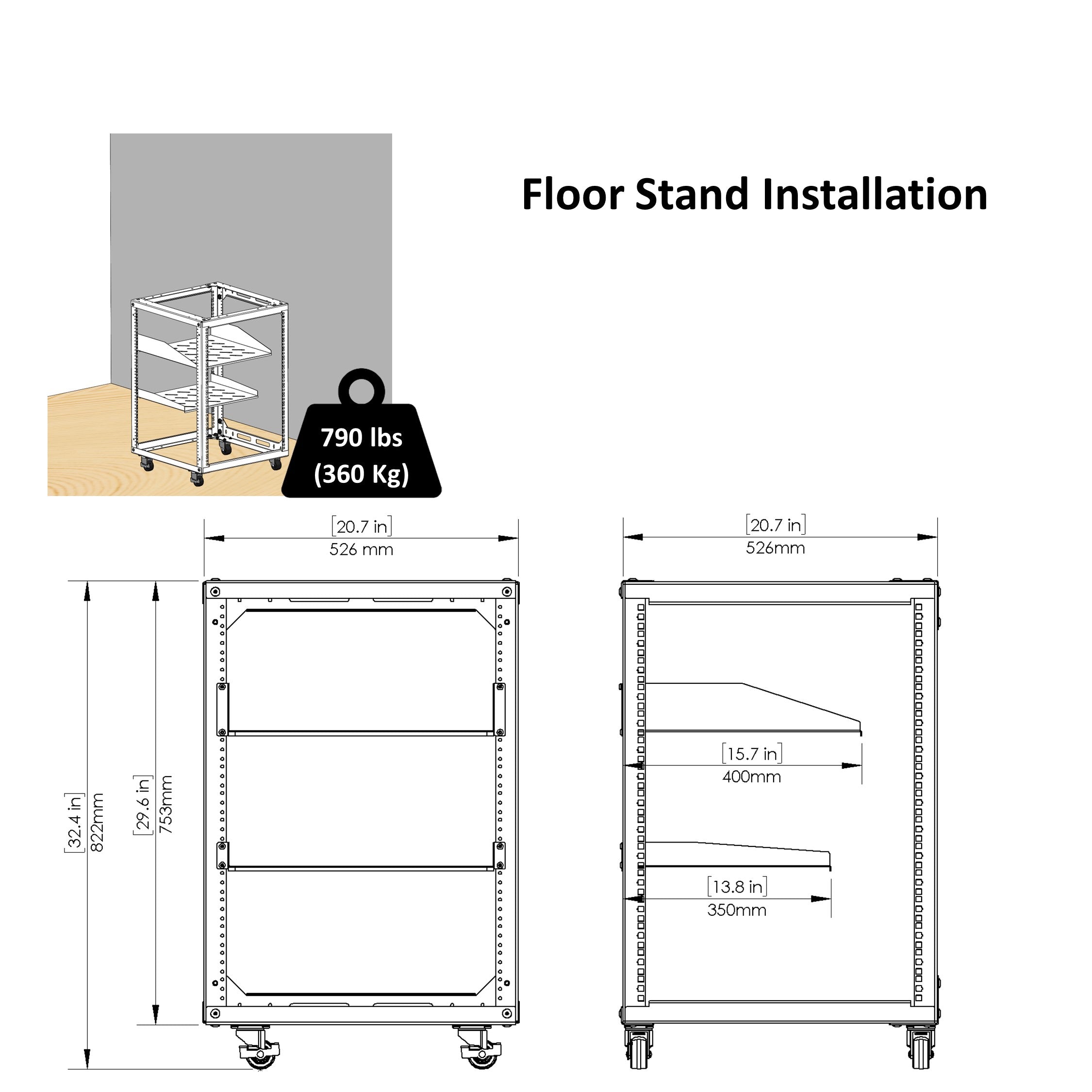Aeons SRC Seires 15U 4-Post Wall-Mount Open Frame Rack, Side Mount, Floor-Standing, Rack Shelves