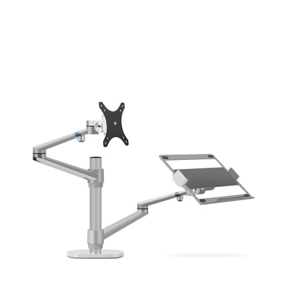 Aeons Monitor and Laptop Tray Desk Mount, 2-in-1 Adjustable Dual Arm fits 27 inch Screen with VESA, Clamp and Cable Management, Silver