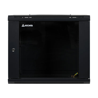 Aeons SC Series 9U Wall-Mount Rack Cabinet, Switch-Depth, Glass Door, Assembled