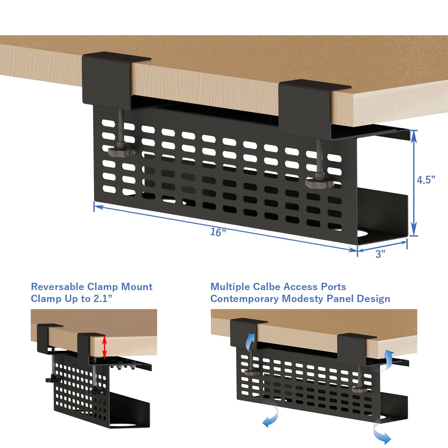 Aeons Workspace Under Desk Cable Management Tray Wire Cord Organizer,  C Clamp Mount and Modesty Panel, 16-inch, Black