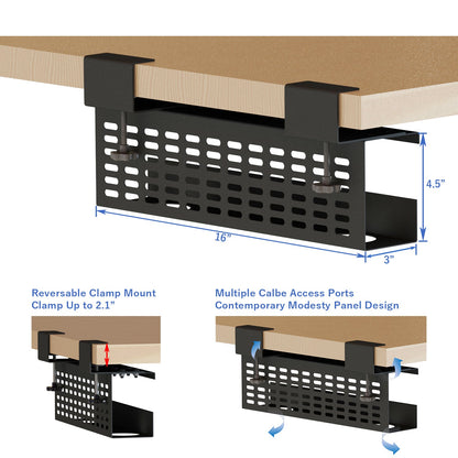 Aeons Workspace Under Desk Cable Management Tray Wire Cord Organizer,  C Clamp Mount and Modesty Panel, 16-inch, Black