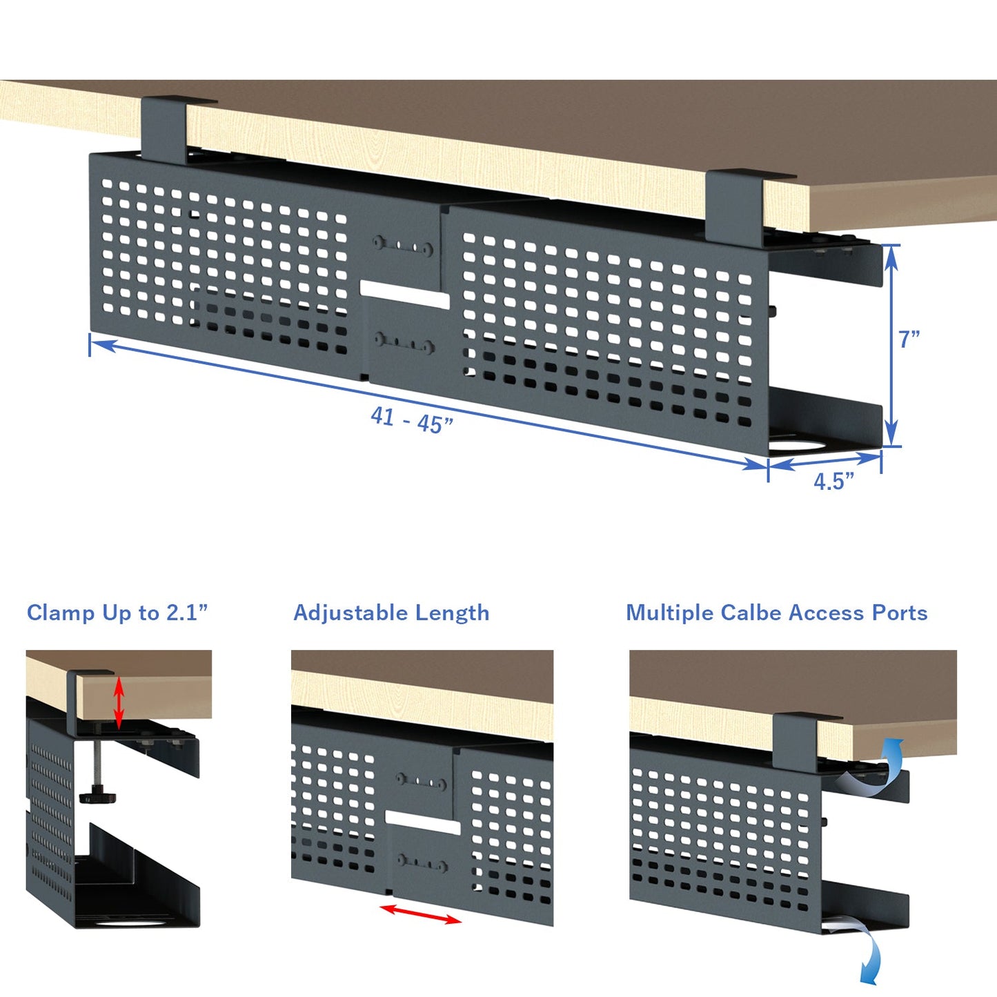 Aeons Workspace Under Desk Cable Management Tray Wire Cord Organizer,  C Clamp Mount and Modesty Panel, Adjustable up to 45-inch, Black