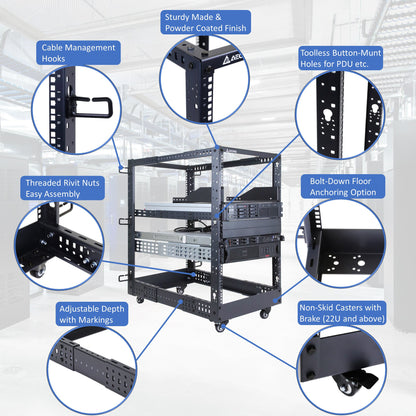 Aeons SR Series 15U 4-Post Open Frame Rack, Adjustable Depth