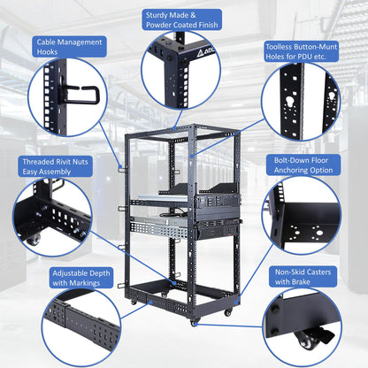 Aeons SR Series 27U 4-Post Open Frame Rack, Adjustable Depth