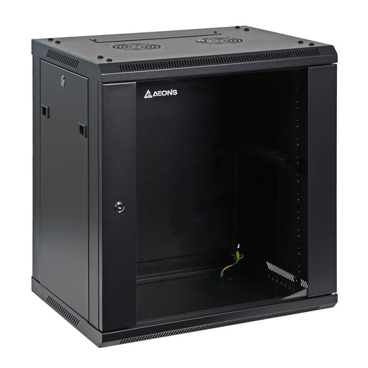 Aeons SP Series 12U Wall-Mount Rack Cabinet, Switch-Depth, Glass Door