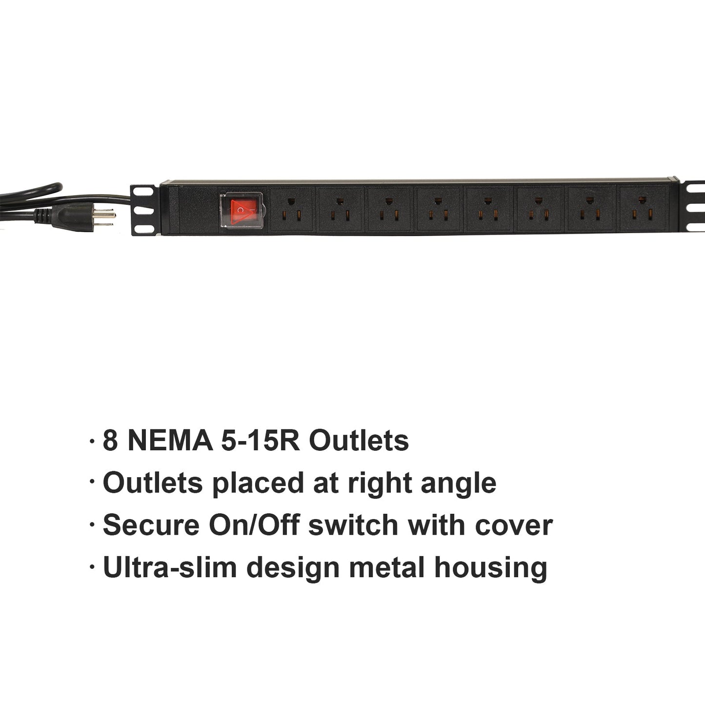 Aeons 1U Rack Mount PDU Power Strip, 8 Right Angle Outlets, 15A, Metal Slim Design