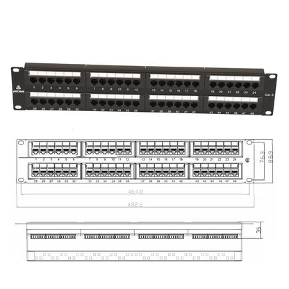 Aeons 48-Port CAT6 UTP Patch Panel, 2U 19-inch Rack Mount Keystone RJ45 Cat 5/5e/6 Gigabit/Fast Ethernet, Cable Management Bar, Black