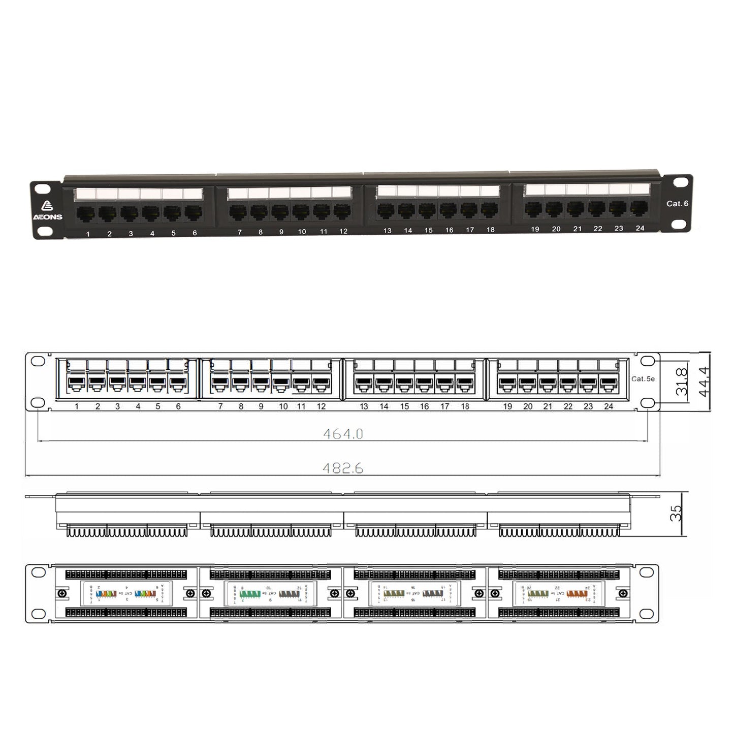 Aeons 24-Port CAT6 UTP Patch Panel, 1U 19-inch Rack Mount Keystone RJ45 Cat 5/5e/6 Gigabit/Fast Ethernet, Cable Management Bar, Black