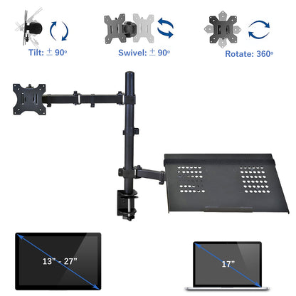 Aeons Monitor and Laptop Tray Desk Mount, 2-in-1 Adjustable Dual Arm fits 27 inch Screen with VESA, Clamp and Cable Management, Black
