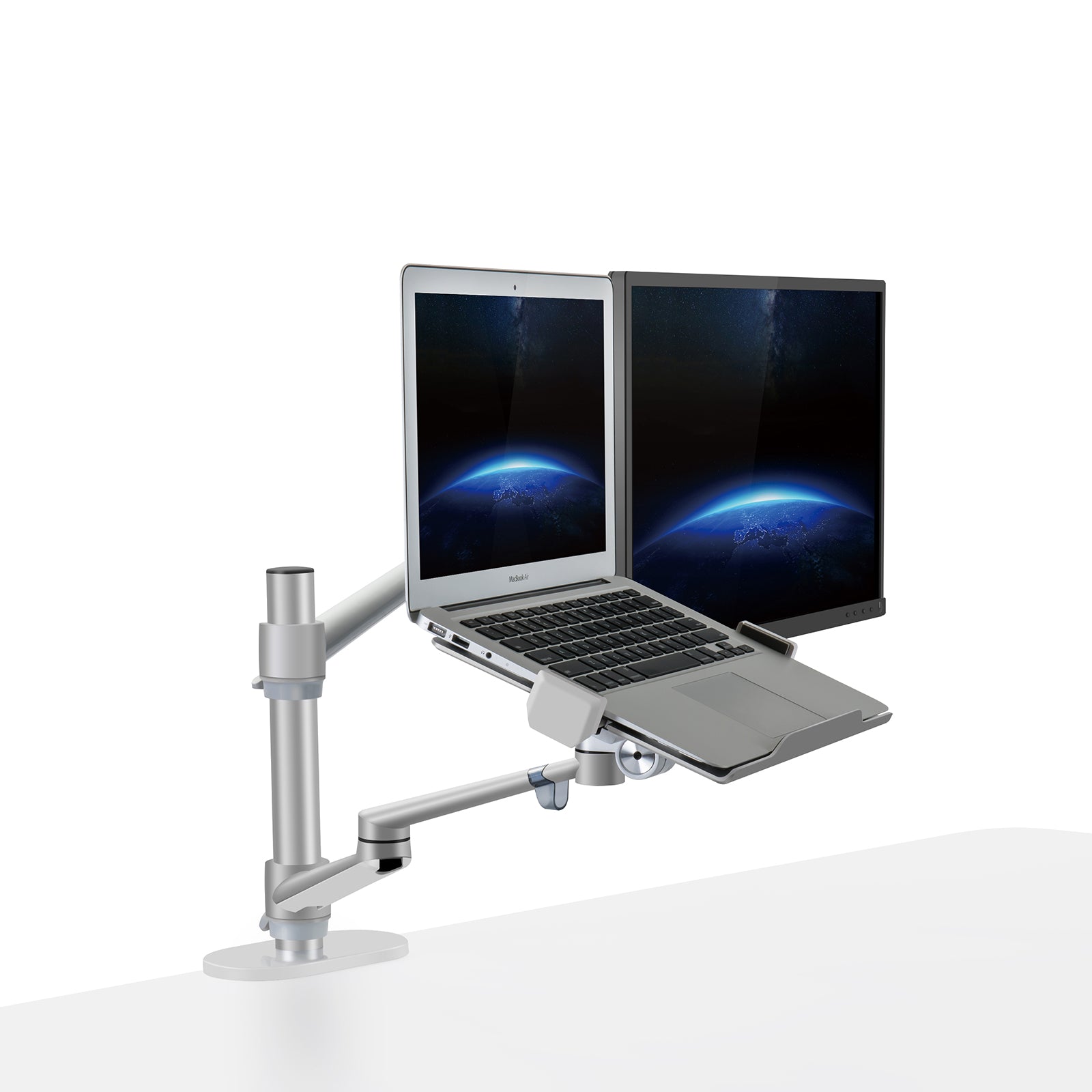 Aeons Monitor and Laptop Tray Desk Mount, 2-in-1 Adjustable Dual Arm fits 27 inch Screen with VESA, Clamp and Cable Management, Silver
