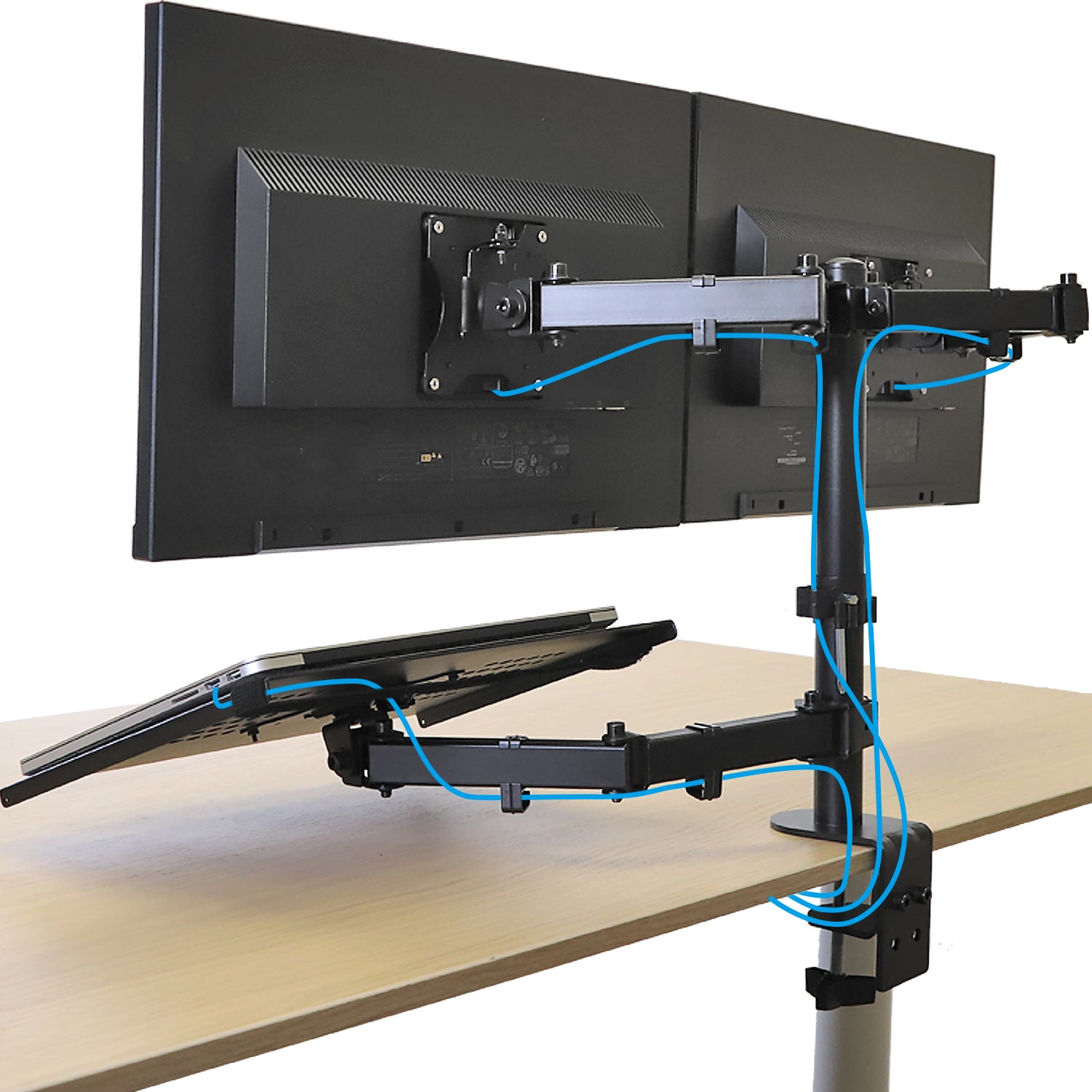 Aeons Dual Monitor and Laptop Tray Desk Mount, 3-in-1 Adjustable Triple Arm fits 27 inch Screen with VESA, Clamp and Cable Management, Black