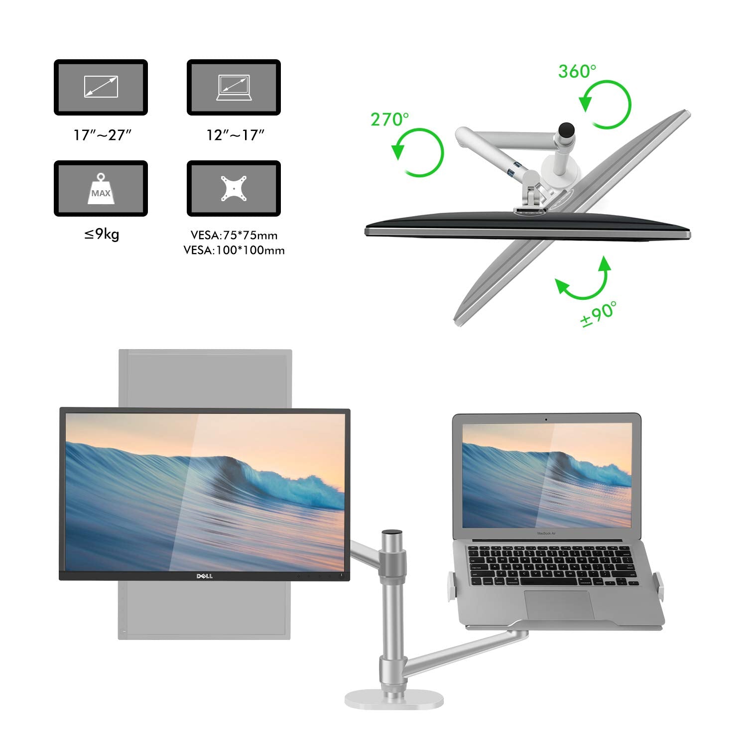 Aeons Monitor and Laptop Tray Desk Mount, 2-in-1 Adjustable Dual Arm fits 27 inch Screen with VESA, Clamp and Cable Management, Silver