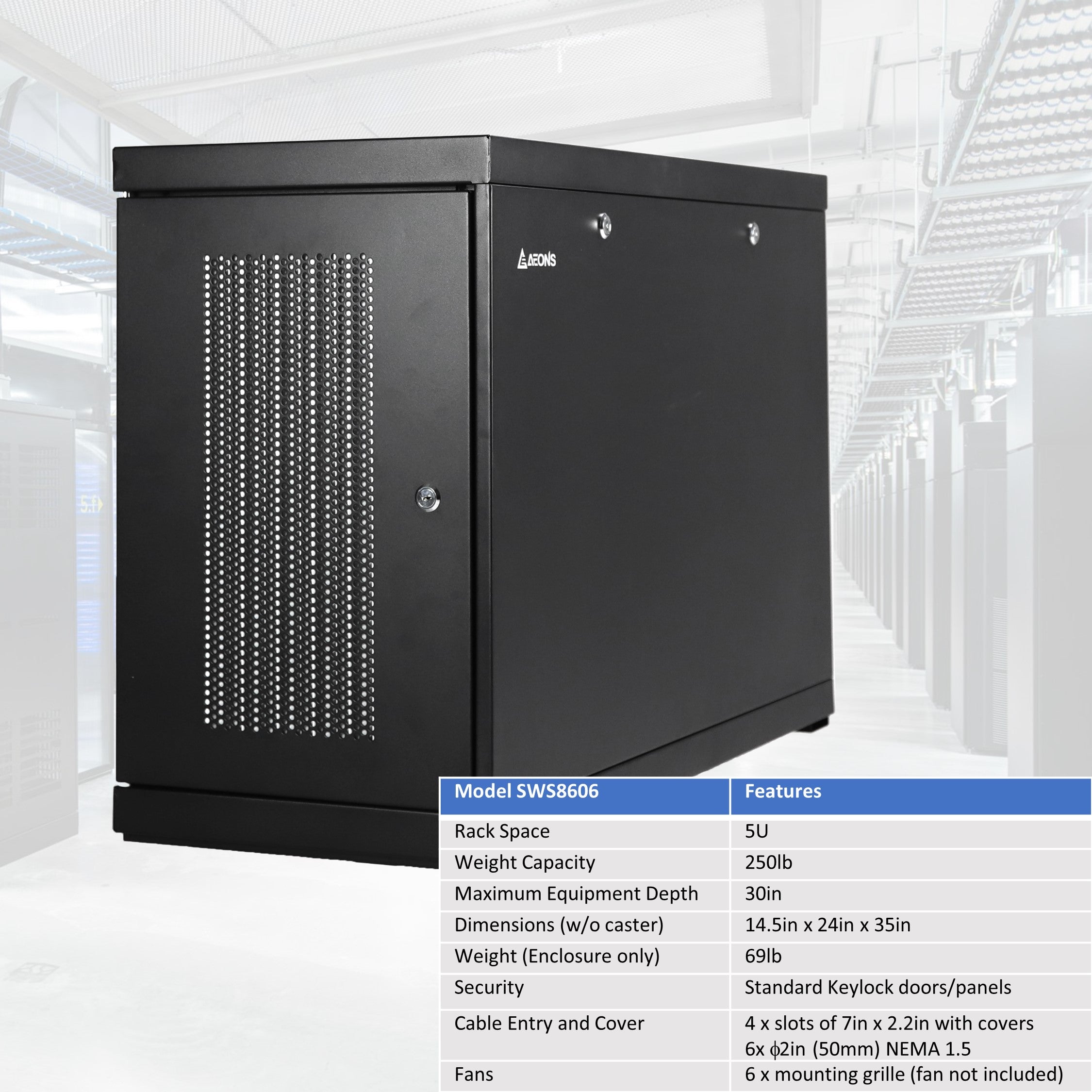 Aeons SWS Seires 6U Wall-Mount Rack Cabinet, Server-Depth, Vertical/Side Mount, Assembled
