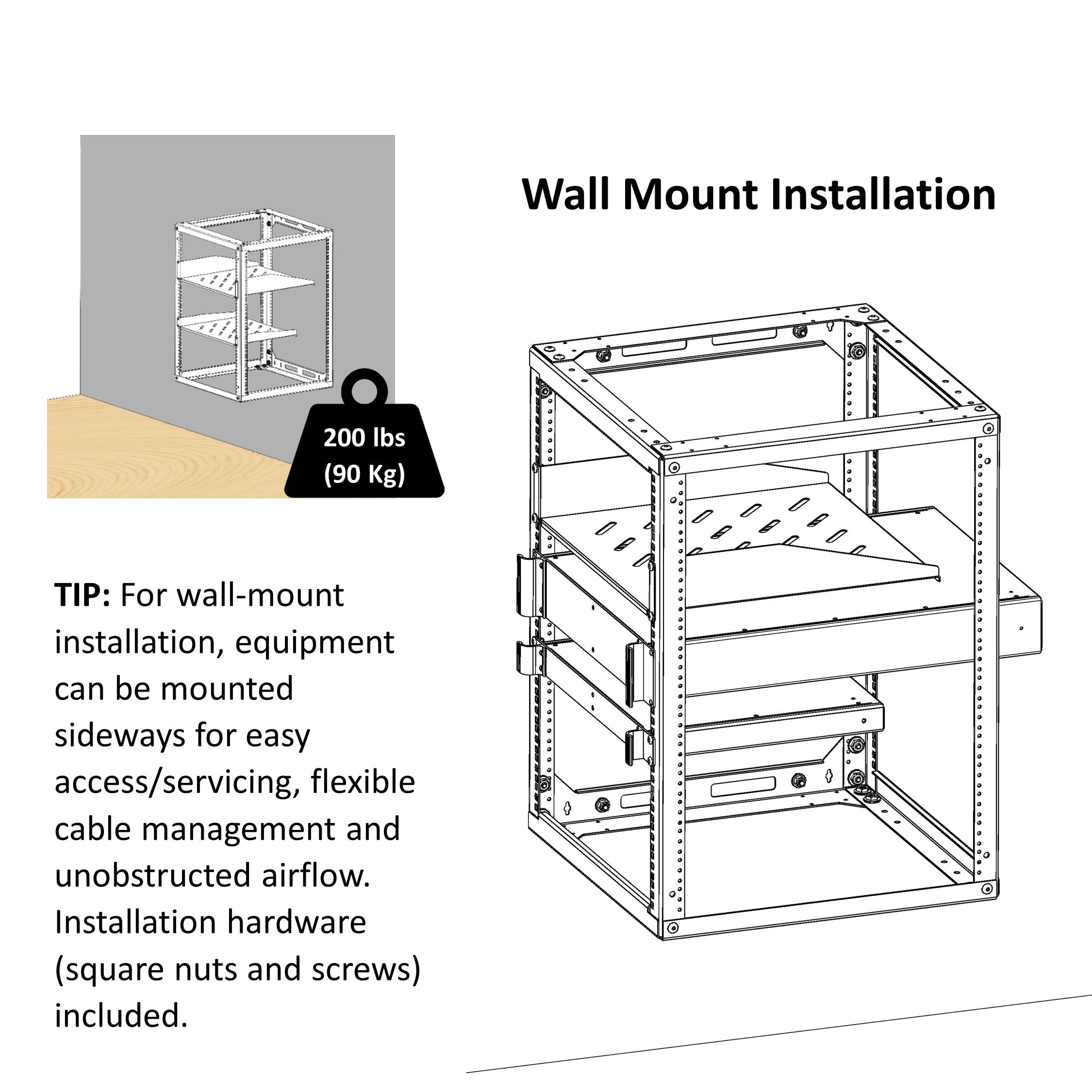 Aeons SRC Seires 15U 4-Post Wall-Mount Open Frame Rack, Side Mount, Floor-Standing, Rack Shelves